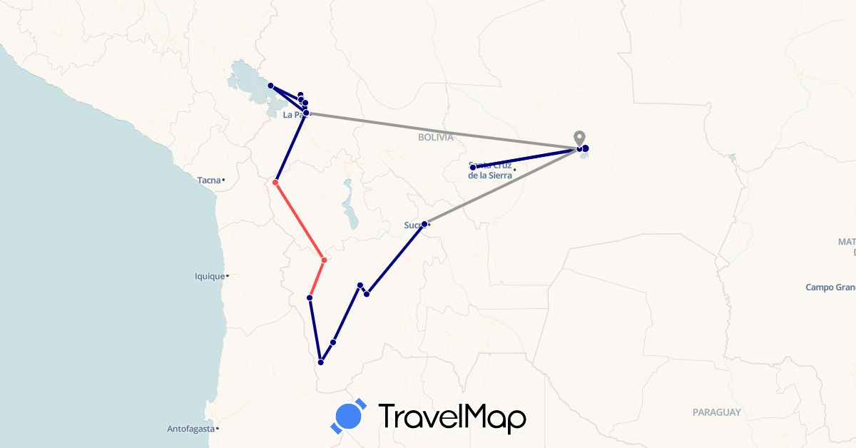 TravelMap itinerary: driving, plane, hiking in Bolivia (South America)